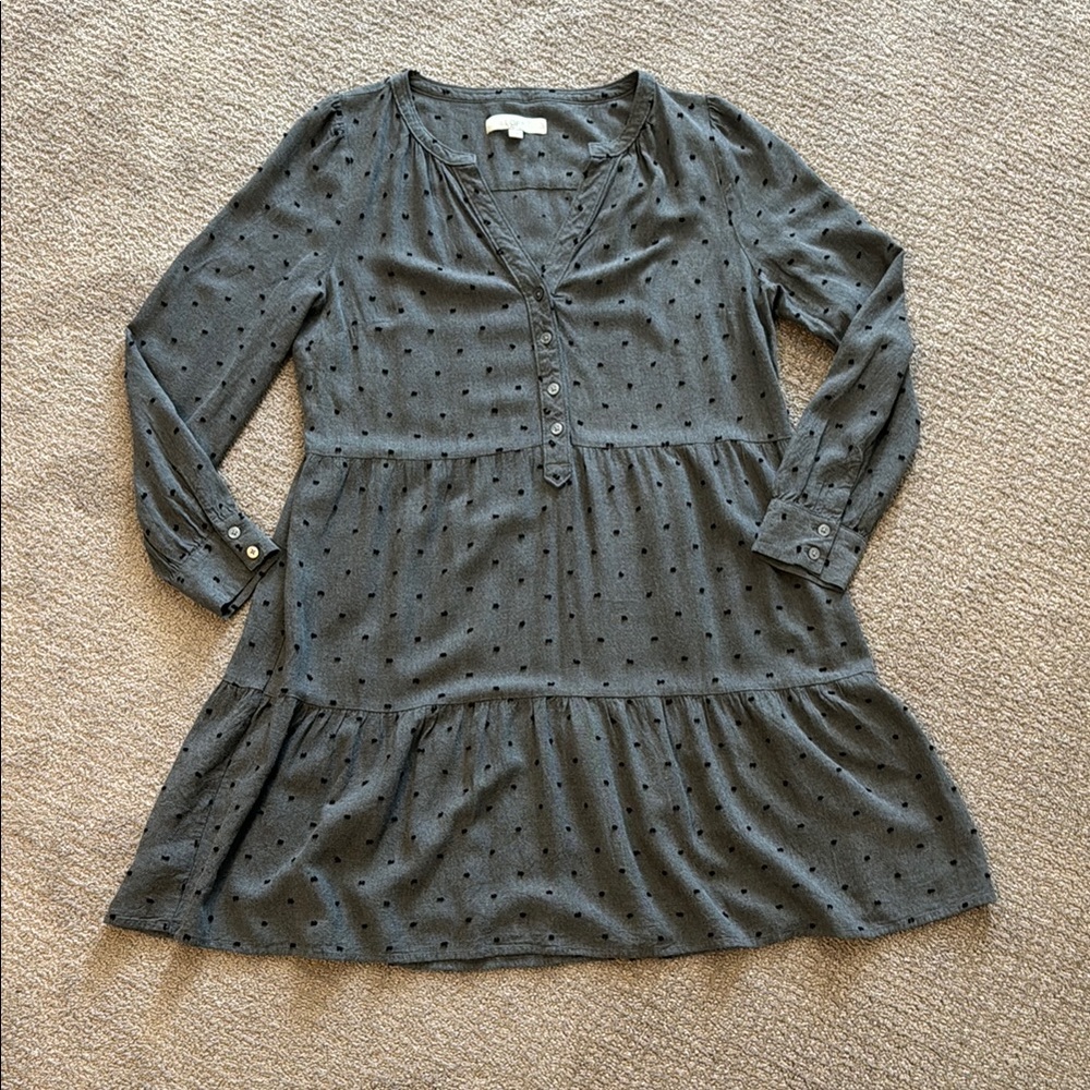 LOFT Gray Polka Dot Relaxed Tiered Dress